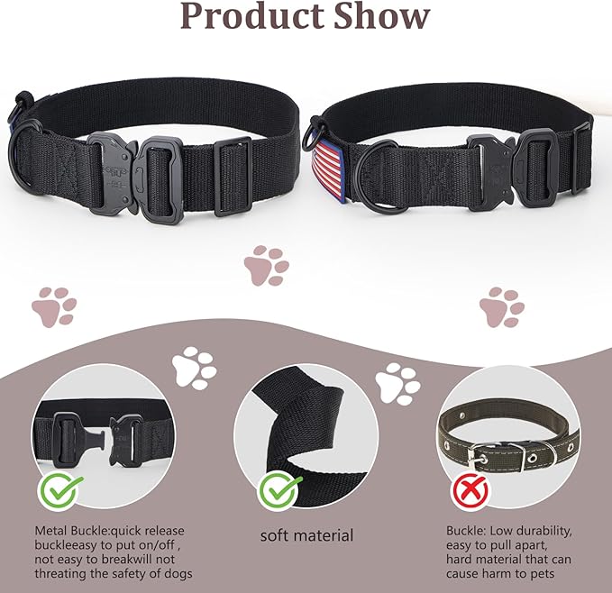 Heavy Duty Tactical Dog Collar Adjustable Nylon Pet Collars Quick Release Buckle with 2 D-Rings Patch for Medium, Large Dogs (Black, Size M)