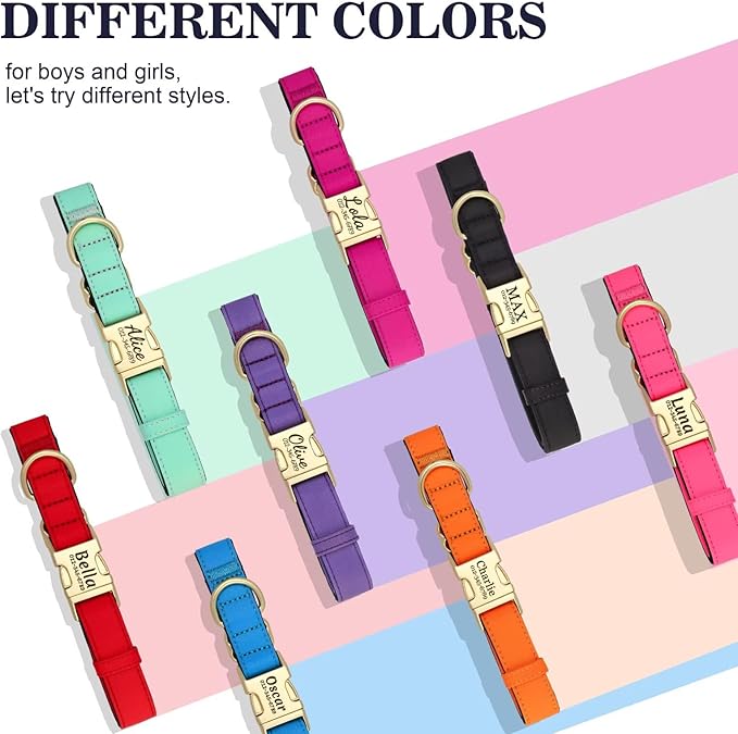 PET ARTIST Colorful Personalized Dog Collars, Custom Dog Collar with Silent Engraved ID Tag, Lightweight Breathable Nylon & Soft Padded, Matching Leash & Poop Bag for Medium Dogs,Black,M Fit 13-20"