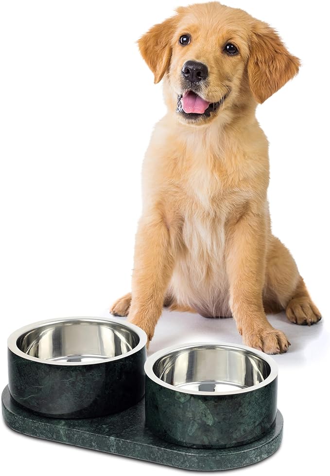 DBL1000A Marbre Small/Medium Modern Weighted Double Marble and Stainless Steel Bowl 12oz (1.5 Cups) Feeder with Non-Slip Marble Tray Set, Green