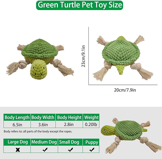 Cute Marine Animal Dog Squeaker Chew Toys, Interactive Stuffed Cotton Plush Rope Knot Toys with Crinkle Paper- for Puppy, Small, Middle Dogs(Green Turtle)