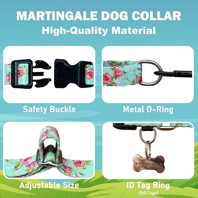 Martingale Collar for Dogs with Buckle Pink Floral Dog Collar No Pull Cute Girl Female Dog Collars for Extra Small Dogs, Green Rose