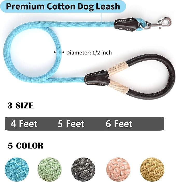 Mile High Life Genuine Leather Wrapped Handle Dog Leash, w Heavy Duty Clasp Rope Leash for Small Medium Large Dogs (Blue, 6FT)