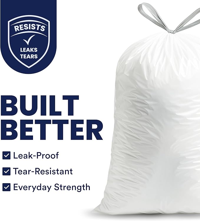 Plasticplace 5 Gallon Trash Bags - White Drawstring Garbage Bag Liners, 19" x 25" (100 Count) – Durable, Leak-Proof, Multi-Purpose Tall Kitchen, Bathroom, Office and Car TrashBags Plastic Bags 0.9 Mil