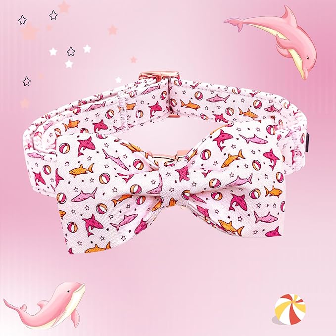 Lionheart glory Dog Collar Shark Print Dog Bow Collar Pink Dog Collar Male or Female Summer Spring Collars with Bowtie Pet Gift Durable Adjustable Soft Dog Collar for Large Dogs