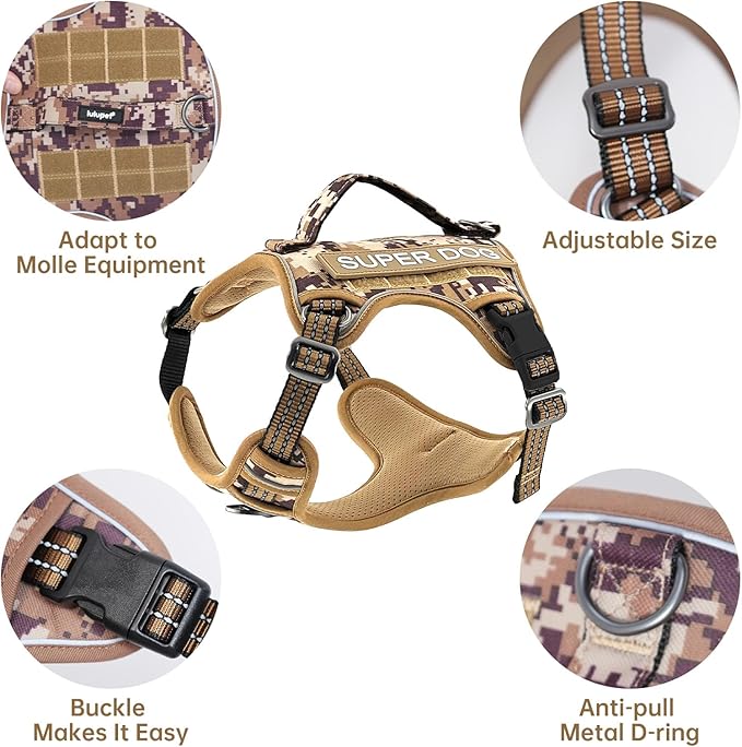 Tactical Dog Harness for Large Heavy Duty Dogs, No Pull Adjustable Reflective Service Camo Vest with Soft Handle