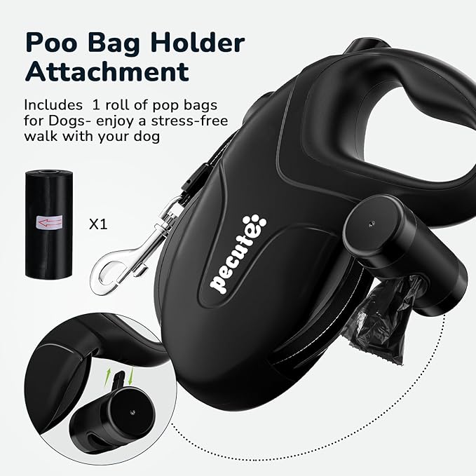 Pecute 32ft Retractable Dog Leash with Reflective Strips, 360° Tangle-Free, One-Button Control & Sturdiness Nylon Material, Long Leash Retractable with Poop Bag Holder for Medium Large Dog