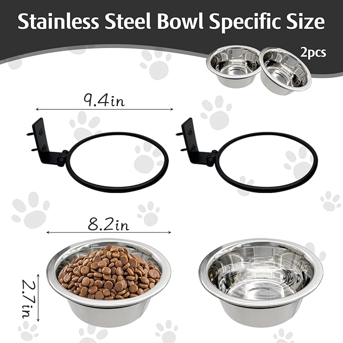 Hamiledyi 2 Pack Wall Mounted Elevated Dog Bowls - Adjustable Height Stainless Steel Raised Food & Water Bowls with Collapsible Stand for Medium & Large Dogs & Cats (L)