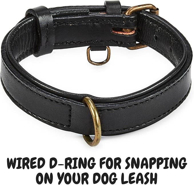 Real Leather Dog Collar Padded Soft Interiors with Premium Vintage Look Handcrafted Heavy Duty with Tag Ring for Small Medium and Large Pets (Small (1" Wide for 10.75" - 13.75" Neck), Black)