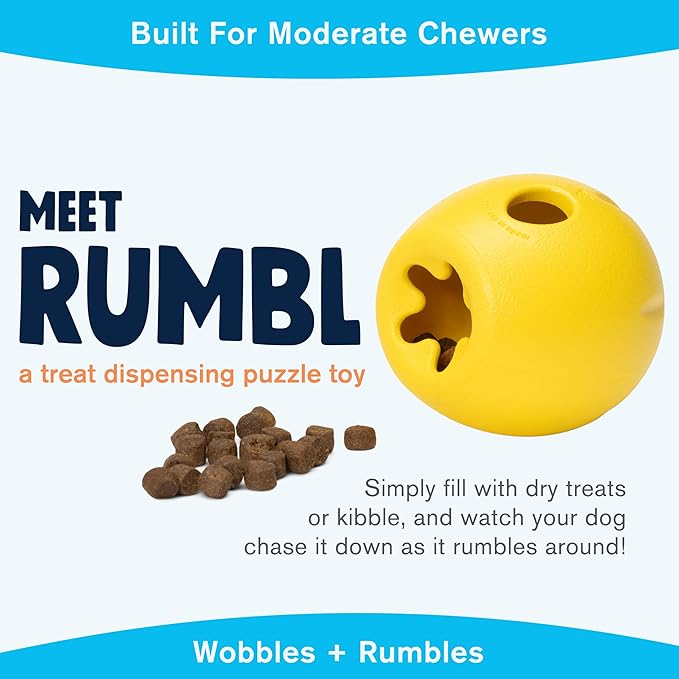 WEST PAW Zogoflex Rumbl Treat-Dispensing Dog Toy – Interactive Slow-Feeder Chew – Enrichment Toy Moderate Chewers, Fetch, Catch – Holds Kibble, (Dandelion Yellow, Small)