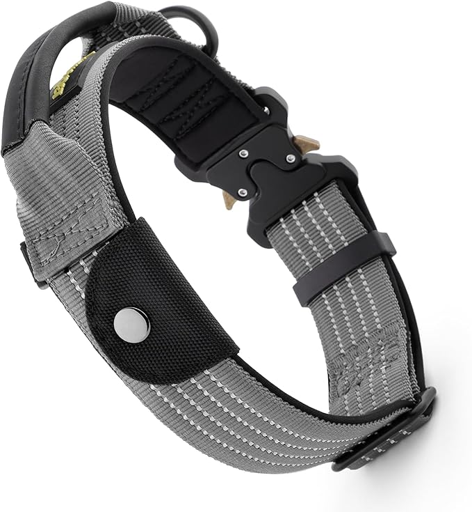 Plutus Pet Tactical Dog Collar with Tracker Pocket for AirTag, Adjustable Reflective Nylon Collar, Metal Buckle, Leather-Wrapped Handle, Soft Padded for Medium Large Dogs (Gray, S)