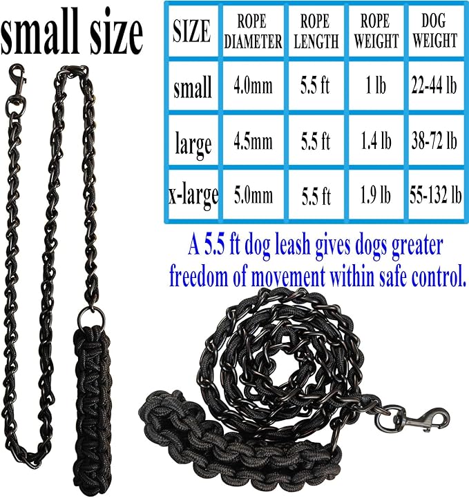 Dog Leash Leads Chain Rope Metal with Pet Collar Training Walking Heavy Duty Anti Bite 360 Hook for Medium and Large Dogs Black(Small)