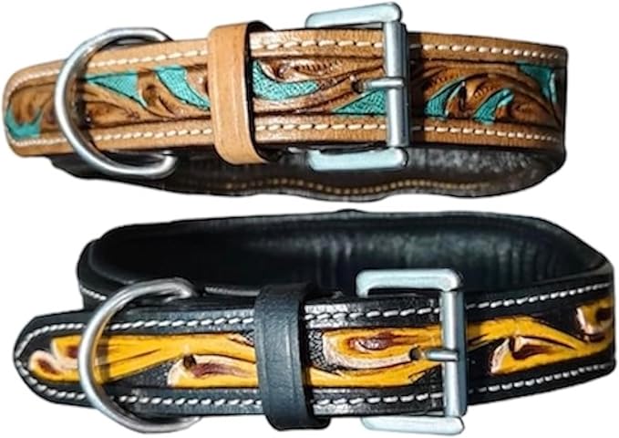 Majestic Ally Genine Leather Dog Collar with Adjustable, Padded Fit for Walking, Hiking, and Running, Designer Western Wear for Puppies, Fancy Customized Colors (Black - Yellow, Small)