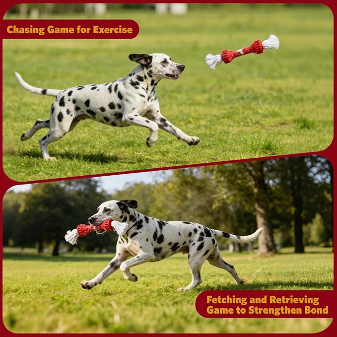 Interactive Dog Toy, Durable Teeth Cleaning Chew Toy, Outdoor Fetch and Retrieve Dog Toy, Natural Rubber Bone with Cotton Tassels for Medium and Large Dogs, Cream Scented, Red/White