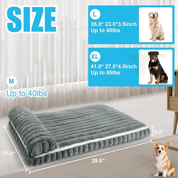 Comfort Dog Beds for Medium Size Dogs, Dog Bed with Removable Washable Cover, Deluxe Plush Dogs Bed for Crate with Pillow, Anti-Slip Pet Mat Mattress for Kennel with Durable Zipper(Grey, M)