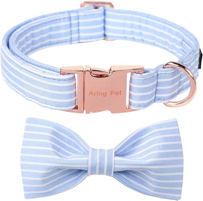ARING PET Dog Collars with Bow, Blue Stripe Adjustable Bowtie Pet Collar with Metal Buckle for Small Medium Large Boy Girl Dogs-XL