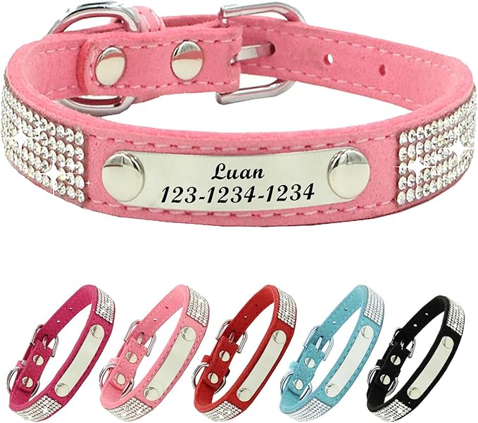 Personalized Dog Collar with Rhinestone Name Tag - Glitter Polyester Collar Adjustable [Pink,XS]