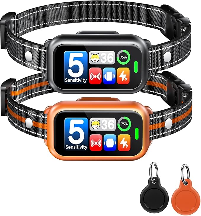 2 Pack Dog Bark Collar for Large Medium Small Dogs, 1s Fast Stop Barking Rechargeable Smart Bark Collar, Anti Barking Training Collar, 5 Adjustable Sensitivity Beep Vibration Shock with Airtags Case