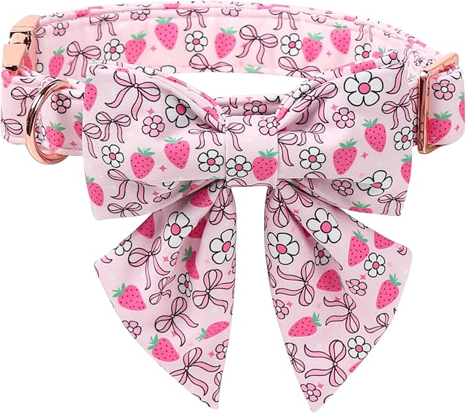 Lionet Paws Strawberry Floral Dog Collar with Sailor Bow, Spring Pink Bow Dog Collars Bow Tie for Puppies, XS, Neck 8-12 inches