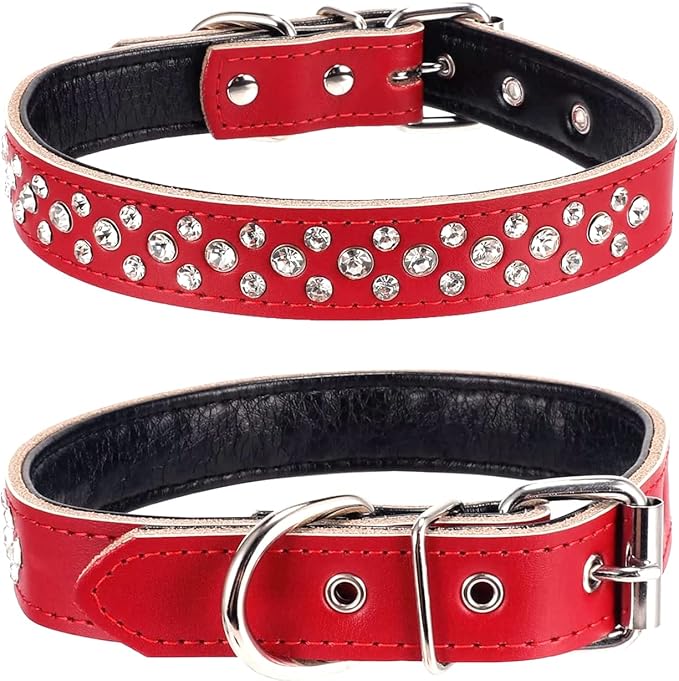 Rhinestones Dog Collar, Adjustable Sparkly Crystal Studded Genuine Leather Pet Dog Collar for Small and Medium Breeds (L fit Neck 14.5-18", Red)