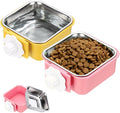 Crate Dog Bowl, Removable Stainless Steel Pet Cage Hanging Anti-Overturn Food Water Feeder Cage Cup (2Pcs, Square, Yellow/Pink, 11.1oz), Intended for Puppies/Cat/Rabbit/Bird