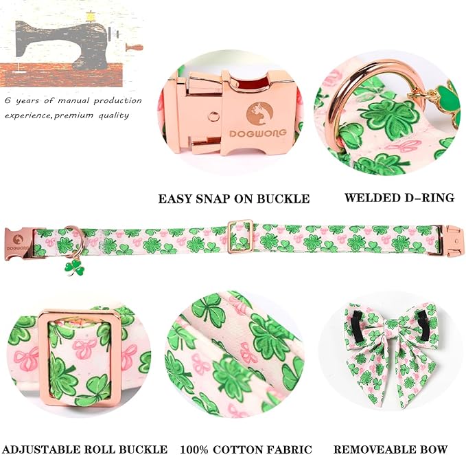 DOGWONG St. Patrick's Day Shamrock Dog Collar with Sailor Bow,Pink Green Four Leaf Clover Pattern Dog Collar, Adjustable Durable Soft Collars Irish Gift for Girl Female Puppy,XS