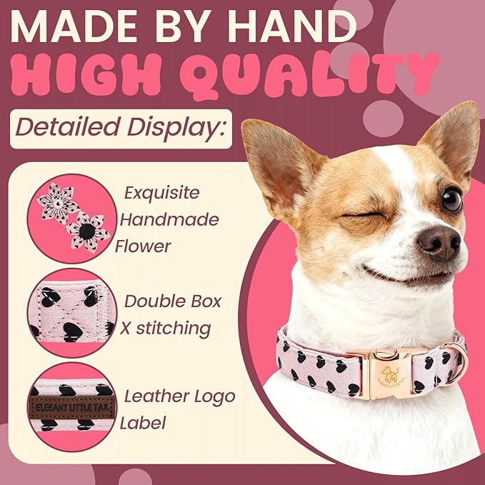 Elegant little tail Valentine's Dog Collar - Pink Black Heart Dog Collars Flower Pet Collars with Sturdy Metal Buckle Puppy Flower Adjustable Collar for X-Large Dogs