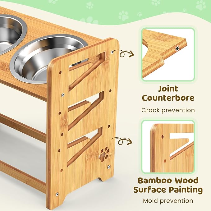 Elevated Dog Bowls, Adjustable Raised Dog Bowl Stand for Large and Medium Pet, 15" High Bamboo Pet Food Feeder with 2 Stainless Steel Dishes（6 Height）
