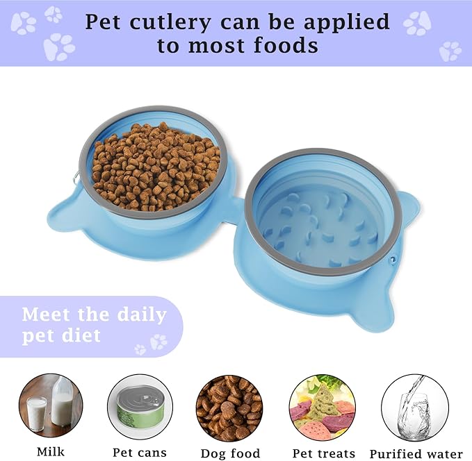 Dog Bowls Pet Collapsible Slow Feeder Outdoor, Dog Travel Bowls Portable Foldable Cat Water Dish for Pets Walking Parking Camping (Green(Two Bowl Slow Feeder))