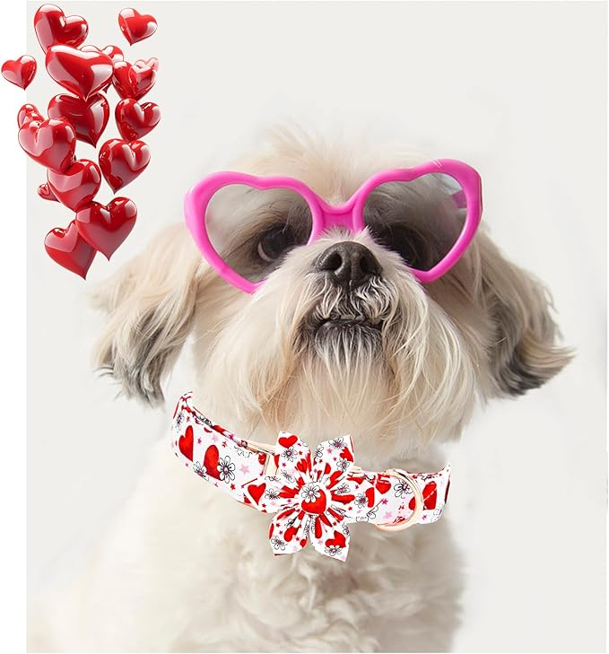 Elegant little tail Valentine's Dog Collar with Flower, Cute Flower with Heart Pet Collars Holiday Female Adjustable Cotton Pet Collar with Flowers for Small Medium Large Dogs