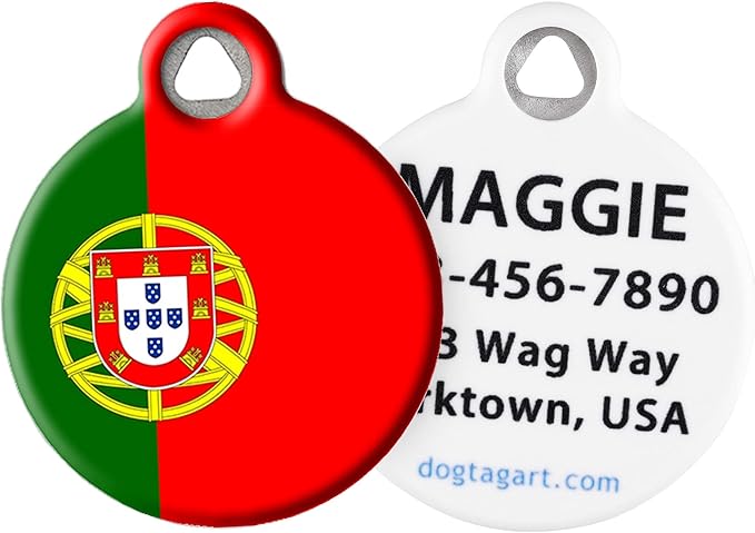 Dog Tag Art Flag of Portugal Portuguese Flag Personalized Pet ID Tag for Dogs and Cats, Silent Dog Tag with Customized Identification Information - Small .875" Diameter