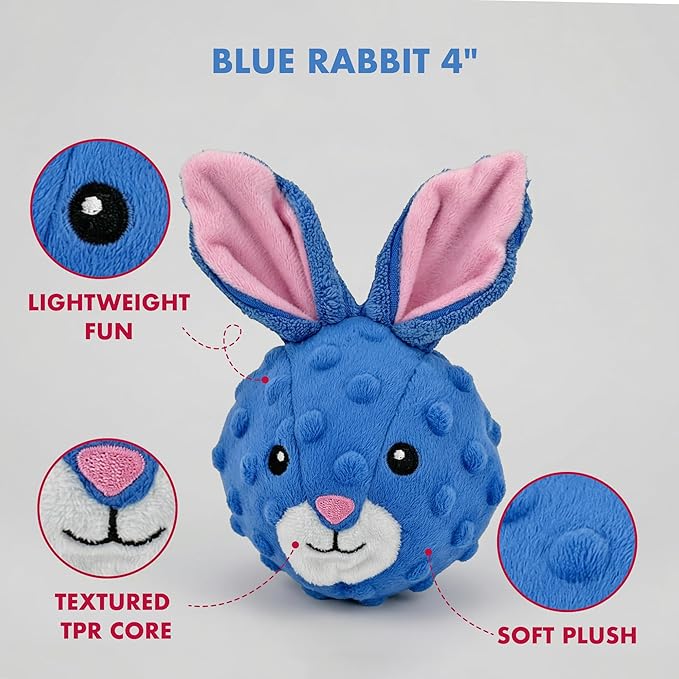 Pet Lou 4-Inch Rabbit Plush EZ Squeaky Ball Dog Toy, Set of 2, Lightweight Portable Plush Squeaky Dog Toys with TPR Core, Stuffing-Free, for All Breed Sizes