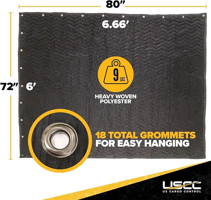 US Cargo Control Sound Dampening Blanket with Grommets 80" x 72", Large Acoustic Blanket for Wall Hanging, Windows & Curtains, Machine Washable, 9 LBS