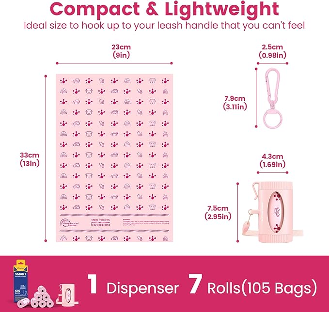 Dog Poop Bags Rolls with Retractable Poop Bag Holder, Leak Proof and Extra Thick Lavender Pet Waste Bags, 70% Recycled GRS Certified, 1 Dispenser and 105 Bags for Doggy Walking & Cat Litter