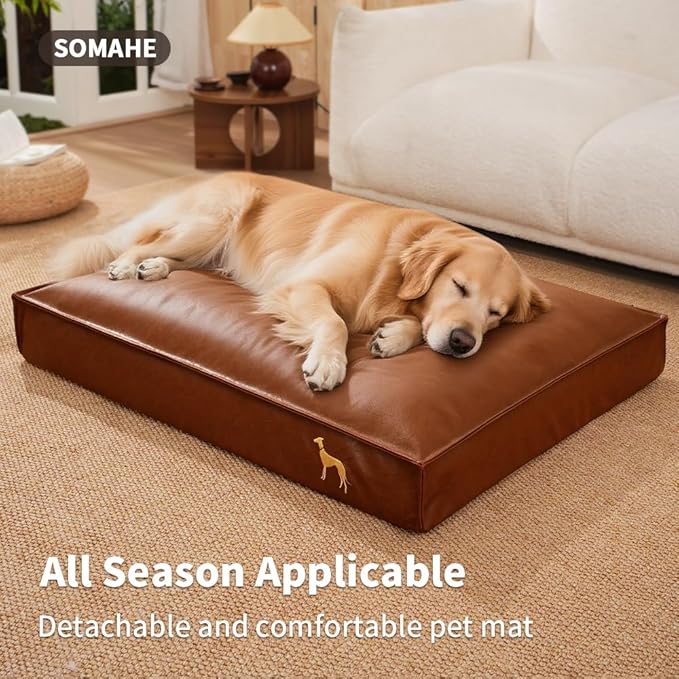 Dog Bed Medium Size Dog Orthopedic Beds for Small Dogs with Removable Washable PU Leather Cover Waterproof Brown 35.4×27.5×4inch
