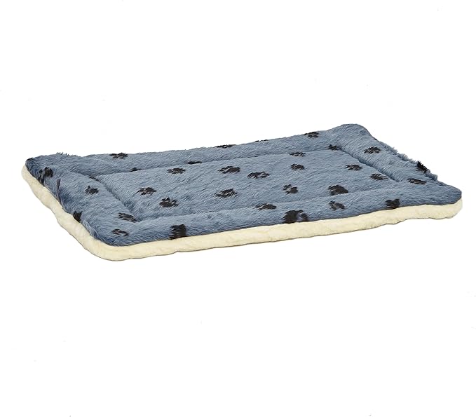 MidWest Homes for Pets QuietTime Reversible Paw Print Pet Bed, Soft Faux Fur & Fleece 30-Inch Crate Mat for Medium Dogs, Machine Washable, Blue and Cream