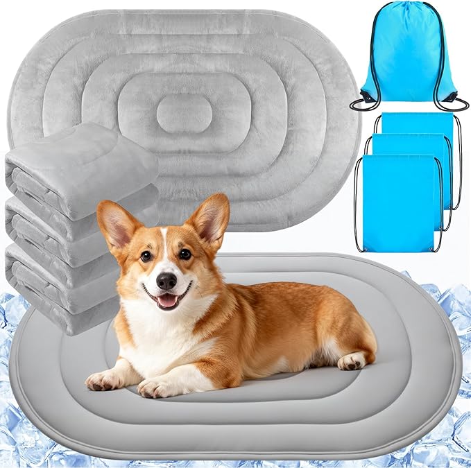 4 Pack 35" x 19" Cooling Mats for Pet Dog with Storage Bags - Reversible Ice Silk & Velvet Pad Washable Summer Comfort for Crate, Bed, Sofa, Car, and Outdoor Use
