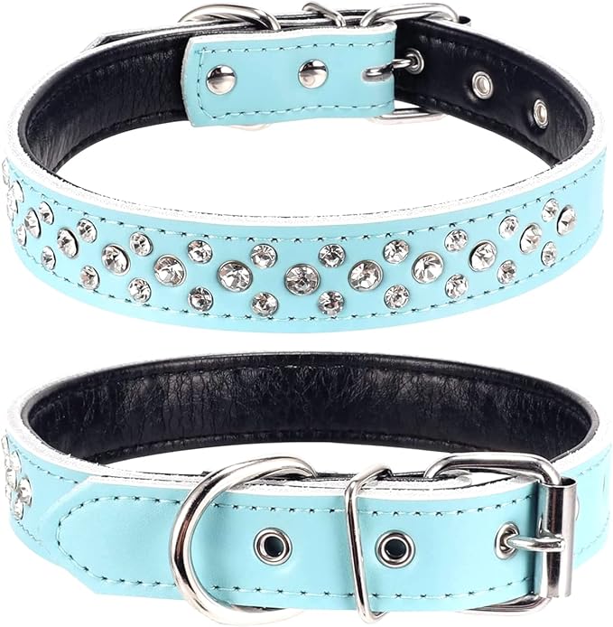 Rhinestones Dog Collar, Adjustable Sparkly Crystal Studded Genuine Leather Pet Dog Collar for Small and Medium Breeds (M fit Neck 12-15", Light Blue)