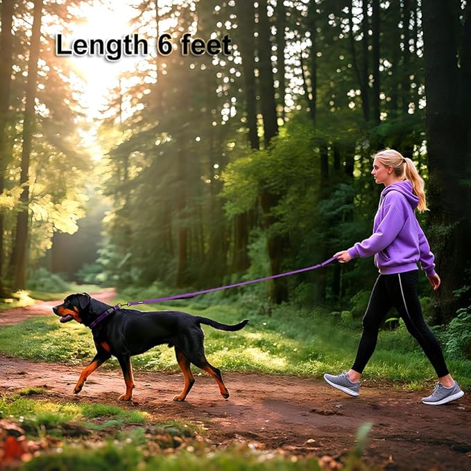 Heavy Duty Double Handle Dog Leash 6 ft Long for Total Control, Padded 2 Handle, Reflective Training Lead for Medium Large Dogs (Purple, 6 FT)