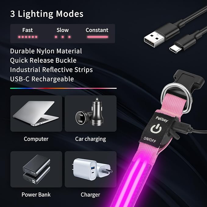 PetIsay Dog Light up Collar for Night Walking - High Visibility LED Dog Collar - Rechargeable - Waterproof - Reflective - Adjustable Lighted Glow Collars(Pink, Large)