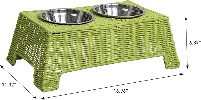 DBL4000Y Serenity 6.9" Small/Medium Elevated Wicker Pet Feeder with 18oz (2.2 Cups) 2-Stainless Steel Bowls, Light Green