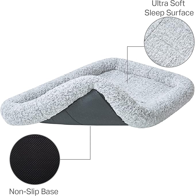 Friends Forever Bolster Dog Crate Mat 30 Inch, Washable Dog Crate Bed, Sherpa Fleece, Nova Grey