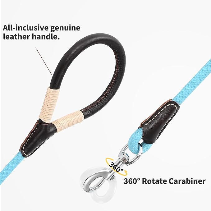 Mile High Life Leather Handle Dog Leash, 6 FT/5 FT/4 FT Rope Leash for Small Medium Large Dogs (Blue, 4FT)