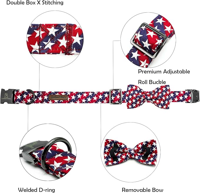 Lionheart glory American Flag Dog Collar 4 of July Independence Patriotic Dog Bow Collars Heavy Duty Adjustable Soft Collar with Bowtie for Medium Dogs Pet Gift