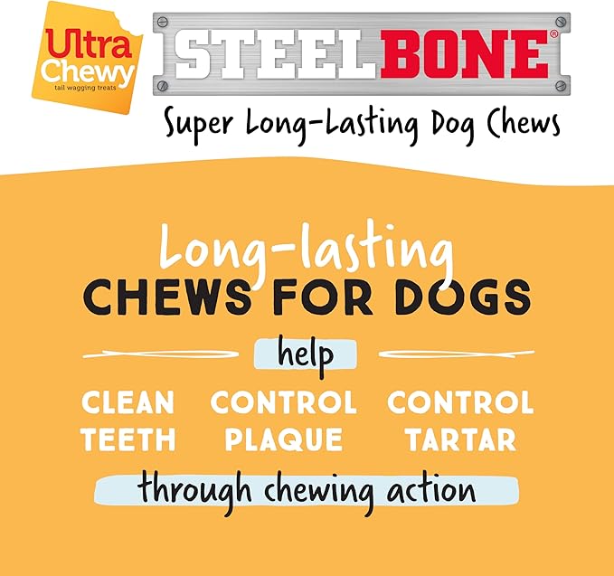Ultra Chewy Steel Bones X-Large Size Peanut Butter Flavor - Super Long Lasting Dog Chews - Rawhide Free & Highly Digestible - Unique Shape Helps Clean Teeth - Ideal Dog Bones for Aggressive Chewers