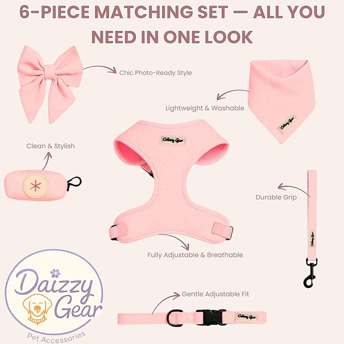 Medium Dog Harness Set – Cute No Pull, All Weather, Breathable Harness and Leash Set with Collar, Bandana, Sailor Bow & Poop Bag Holder – Adjustable, Soft & Stylish – Pink Hearts on Jacquard Fabric