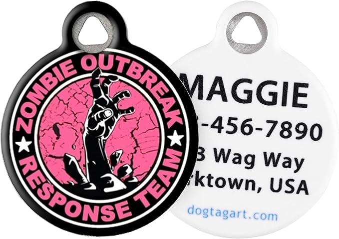Dog Tag Art Halloween Zombie Custom Pet ID Tag for Dogs and Cats, Personalized Dog Tag with Customized Identification Information, Zombie Outbreak Response Team, Large (1.25" Diameter)