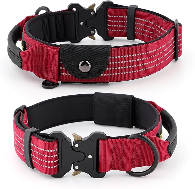Plutus Pet Tactical Dog Collar with Tracker Pocket for AirTag, Adjustable Reflective Nylon Collar, Metal Buckle, Leather-Wrapped Handle, Soft Padded for Medium Large Dogs (Burgundy Red, L)