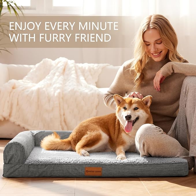 Patas Lague Orthopedic Dog Bed Large Sized Dog 36''X24'', Waterproof L Bolster Medium Pet Sofa Beds with Removable Washable Cover, Soft Comfortable Pet Couch Crate Mat with Nonskid Bottom, Grey