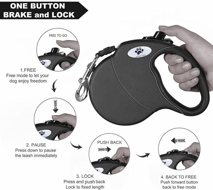 16ft Retractable Dog Leash for Medium Breed Dogs up to 44 lbs with a Detachable Chew Proof Extender Wire Ropes (Black M)