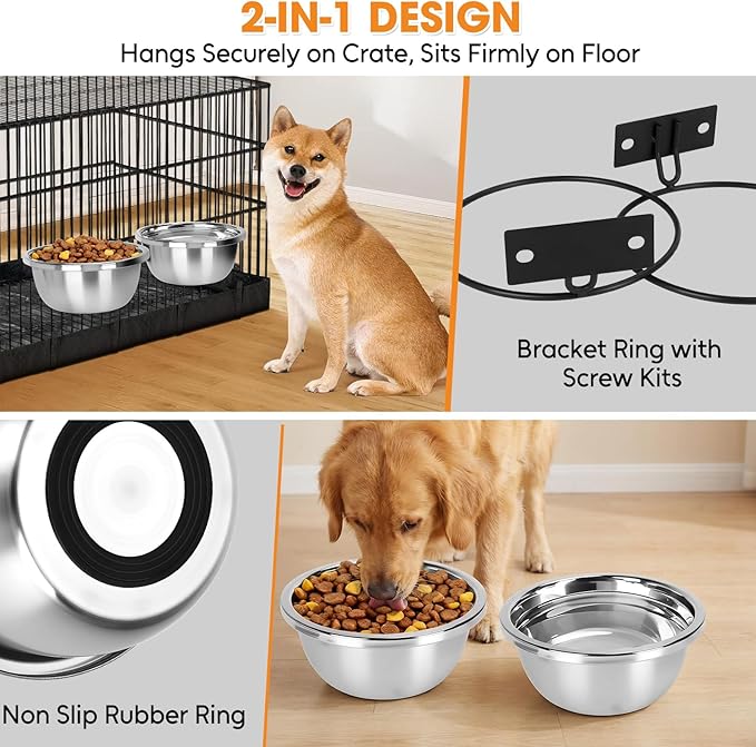2-in-1 Dog Bowl, ShineMe 2 Pack 7 Cup Kennel Bowls Mountable & Floor Use with Non-Slip Base for Large and Medium Dogs, 56oz Pet Food/Water Bowl
